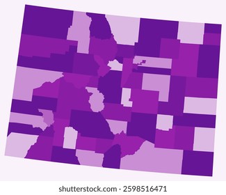 Map of Colorado with counties. A simple state border map with county divisions in a purple color palette. Blank state of Colorado shape with administrative division. Vector illustration.