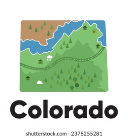 mapa de la forma de Colorado caricatura ilustración cartográfica estilo de bosque y río