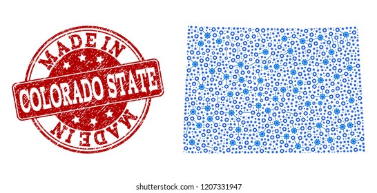 Map of Colorado State vector mosaic and Made In grunge stamp. Map of Colorado State created with blue cog relations. Made in red seal with grunge rubber texture.