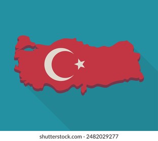 Karte der Türkiye in Farben der türkischen Flagge auf blauem Hintergrund mit langem Schatten (flaches Design)