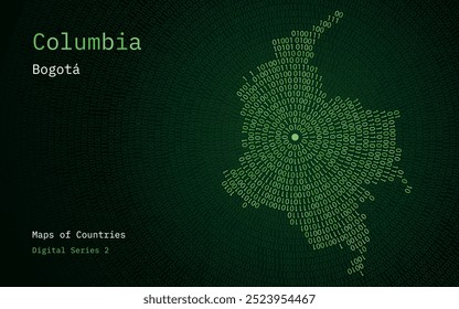 A map of Columbia  depicted in zeros and ones in the form of a circle. The capital, Bogota, is shown in the center of the circle