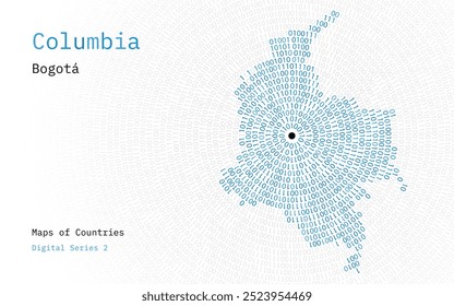 A map of Columbia  depicted in zeros and ones in the form of a circle. The capital, Bogota, is shown in the center of the circle