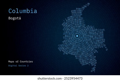 A map of Columbia  depicted in zeros and ones in the form of a circle. The capital, Bogota, is shown in the center of the circle