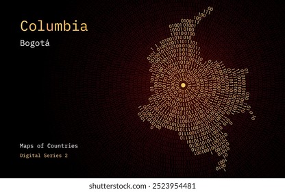 A map of Columbia  depicted in zeros and ones in the form of a circle. The capital, Bogota, is shown in the center of the circle