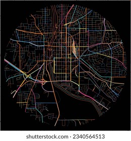 Mapa de Colón, Georgia con todas las carreteras principales y menores, ferrocarriles y vías fluviales. Coloridas líneas de arte sobre fondo negro.