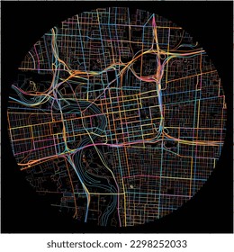 Mapa de Colón, Ohio con todas las carreteras principales y menores, ferrocarriles y vías fluviales. Coloridas líneas de arte sobre fondo negro.