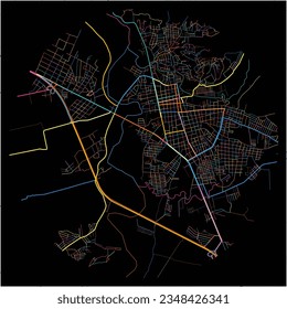 Map of Comayagua, Comayagua with all major and minor roads, railways and waterways. Colorful line art on black background.