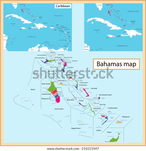 Map of the Commonwealth of\
the Bahamas drawn with high detail and accuracy. The Bahamas is\
divided into providence which are colored with different bright\
colors