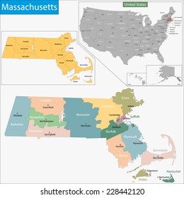 Map of Commonwealth of Massachusetts designed in illustration with the counties and the county seats