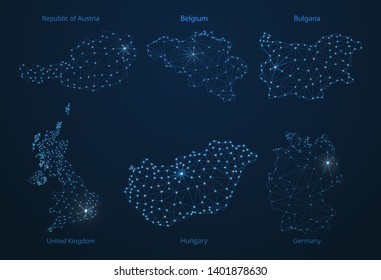 Map of communication networks of 6 countries of Europa. Vector poly image of a global map with lights in the form of cities or population density, consisting of points and shapes in the form of stars.
