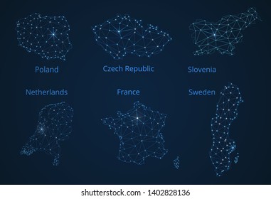 Map of communication networks of 6 countries of Europa. Vector poly image of a global map with lights in the form of cities or population density, consisting of points and shapes in the form of stars.