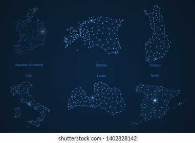 Map Of Communication Networks Of 6 Countries Of Europa. Vector Poly Image Of A Global Map With Lights In The Form Of Cities Or Population Density, Consisting Of Points And Shapes In The Form Of Stars.