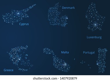 Map of communication networks of 6 countries of Europa. Vector poly image of a global map with lights in the form of cities or population density, consisting of points and shapes in the form of stars.