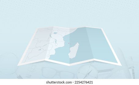 Mapa de las Comoras con la bandera de las Comoras en el contorno del mapa en un contexto abstracto de viaje. Ilustración de viaje.