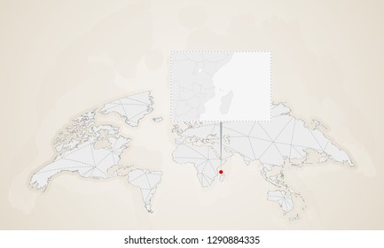 Map of Comoros with neighbor countries pinned on world map. Abstract triangles World Map.