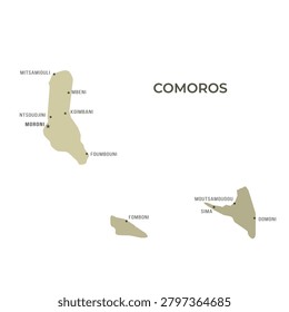 Map of COMOROS with Regions Borders and Famous Cities