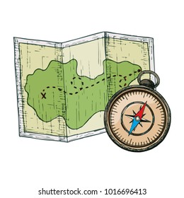 Map and compass for camping tourism, cartoon sketch illustration of travel equipment. Vector