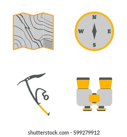 Map, compass, ice ax, binoculars flat icons.Tourism equipment. Trip web elements. Vector illustration.