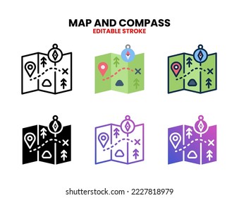 Map and Compass icon set vector line, outline, glyph, filled line, flat color, line and flat gradient. Editable stroke and pixel perfect. Can used for digital product, presentation, UI and many more.