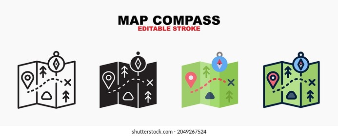 Map Compass icon symbol set of outline, solid, flat and filled outline style. Isolated on white background. Editable stroke. Can be used for web, mobile, ui and more.