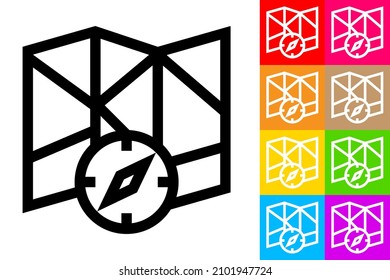 Map and Compass. Line Icon With Different Color Background.