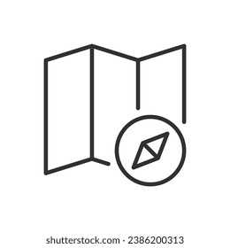 Map and compass, linear icon. Travel equipment. Line with editable stroke
