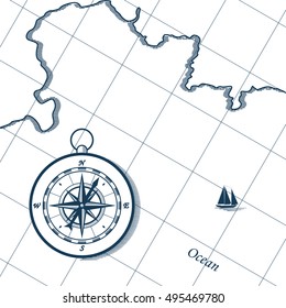 Map and compass. Nautical wind rose. Vector illustration on white background.