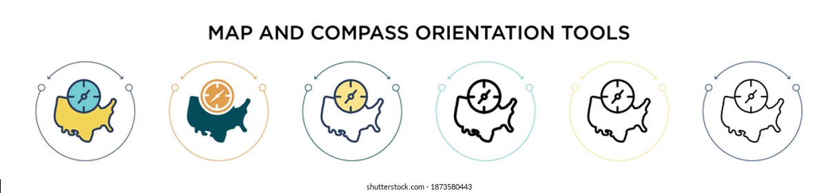 Map and compass orientation tools icon in filled, thin line, outline and stroke style. Vector illustration of two colored and black map and compass orientation tools vector icons designs can be used 