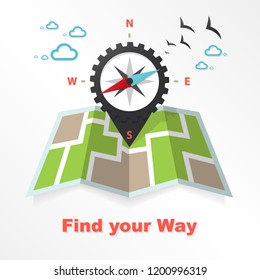 Map and compass for traveling through the city and camping, Vector illustration
