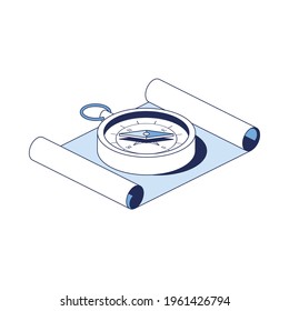 Map and compass. Vector 3d line isometric, web icons, blue color. Creative design idea for infographics.