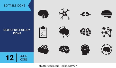 Map complex neurological brain functions using this neuropsychology icons solid icon set tailored for medical clinics and brain cognitive health research papers.