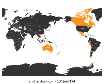 Map of Comprehensive and Progressive Agreement for Trans-Pacific Partnership, CPTPP or TPP11. Yellow highlighted member states. Vector illustration.