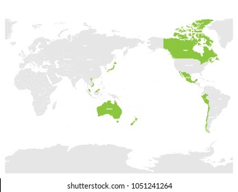 Map of Comprehensive and Progressive Agreement for Trans-Pacific Partnership, CPTPP or TPP11. Green highlighted member states. Vector illustration.