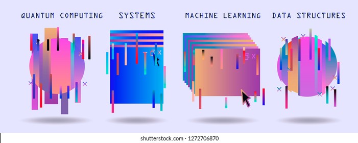 Map of computer science subjects and frames for it. Set of glitch art elements.