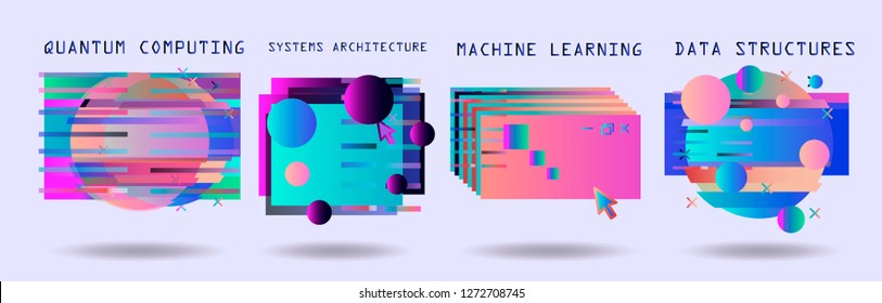 Map of computer science subjects and frames for it. Set of glitch art elements.