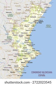 Mapa da Comunidad Valenciana, Espanha, mostrando suas principais cidades. O mapa inclui características geográficas como montanhas, rios e litorais.