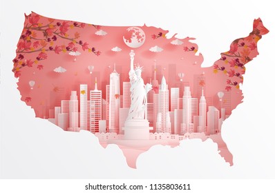 Map concept with autumn in New York City  with Liberty statue of United states of America in paper cut art style vector illustration. Travel poster, postcard and advertising.