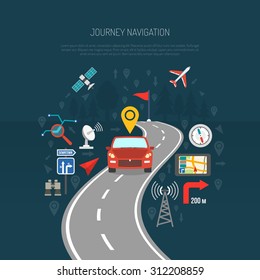 Map concept with car on the road and flat navigation icons set vector illustration