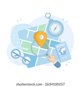 Concepto de mapa con pines rectos, marcador de puntero GPS, navegación de mapas. Planificación de rutas, seguimiento de ubicación. Mapa de la ciudad con pines GPS. Navegación de la vista de la ciudad de Perspectiva. GPS y Navegación. Diseño plano.