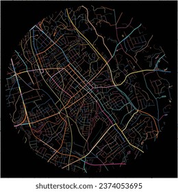 Map of Concord, North Carolina with all major and minor roads, railways and waterways. Colorful line art on black background.