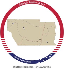 Map of Conejos County in Colorado, USA arranged in a circle.