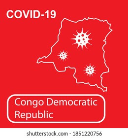 Map of Congo Democratic Republic labeled "COVID-19". White outline map on a red background. Vector illustration of a virus, coronavirus, epidemiology.