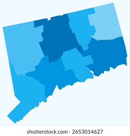 Map of Connecticut with counties. Just a simple state border map with county division. Light blue color palette. Plain State of Connecticut shape with administrative division. Vector illustration.