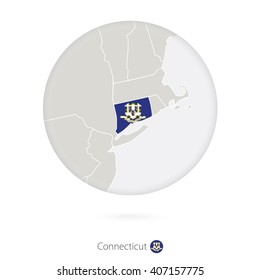 Map of Connecticut State and flag in a circle. Connecticut US State map contour with flag. Vector Illustration.