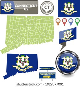 Karte des Staates Connecticut, USA mit Flagge und Bezirken. Vektorbild