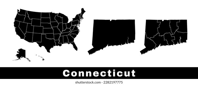 Mapa del estado de Connecticut, EEUU. Conjunto de mapas de Connecticut con borde de contorno, condados y mapa de estados de Estados Unidos. Ilustración vectorial de color blanco y negro.