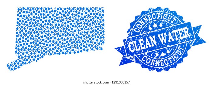 Map of Connecticut State vector mosaic and clean water grunge stamp. Map of Connecticut State formed with blue water raindrops. Seal with corroded rubber texture for clean drinking water.