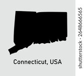 Map of Connecticut USA on gray background. Solid black silhouette isolated map