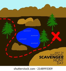 A map containing hills, lake, trees and rocks showing where the treasures are with bold texts, National Scavenger Hunt Day May 24