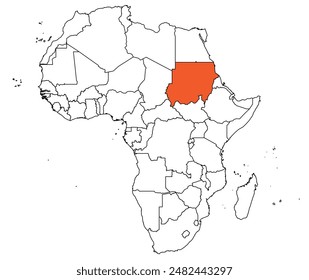 Map of the continent of Africa with country borders. Map of Sudan